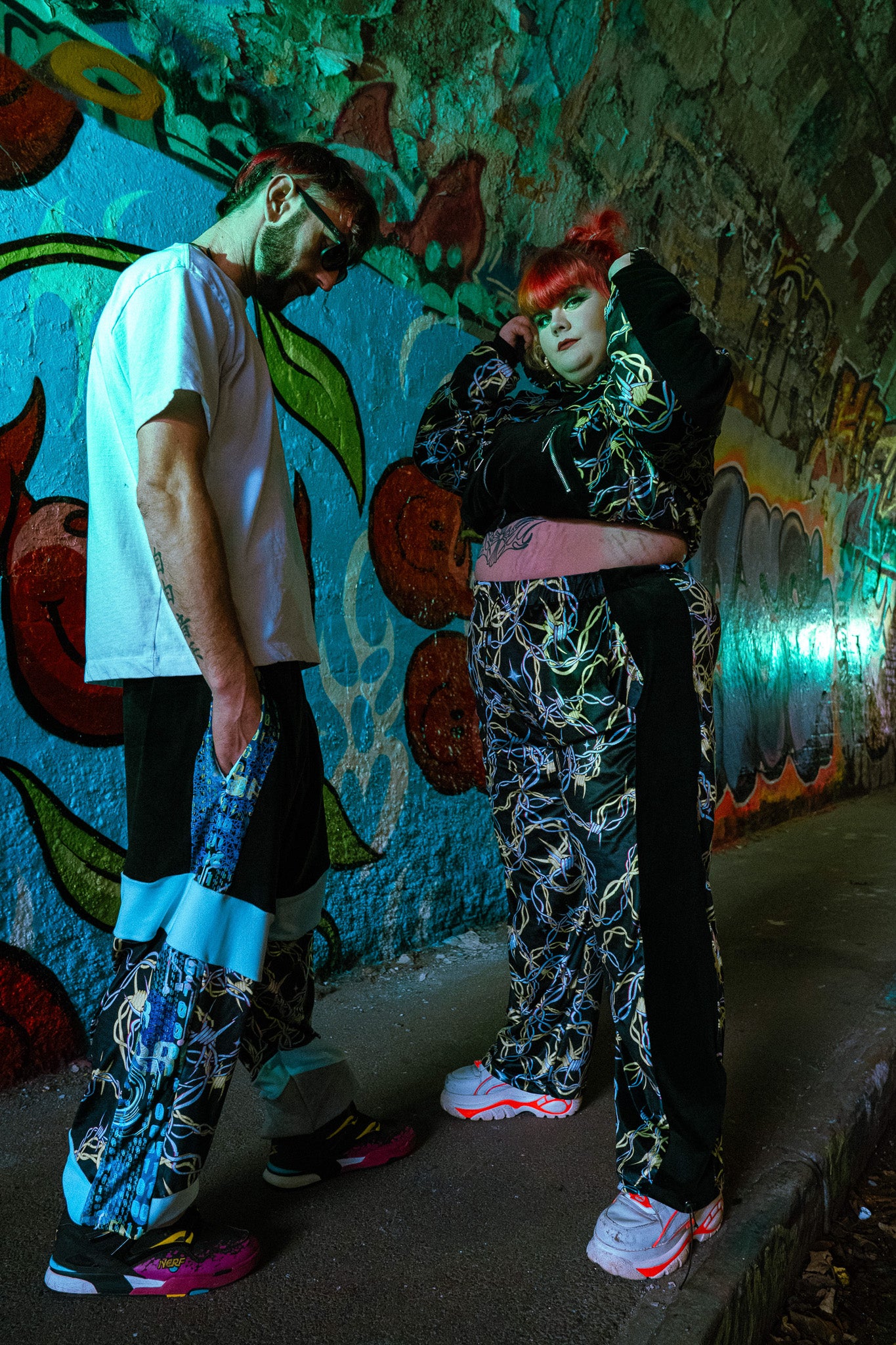 Bellisa X Hiccup Barbed Wire print Velvet velour tracksuit bottoms, sustainable made to order in Bristol, UK. Joggers, festival trousers, rave trousers
