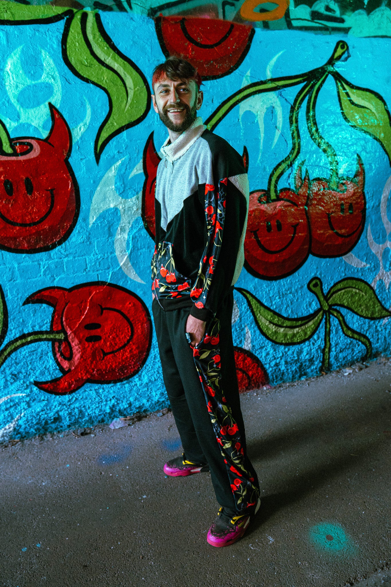 Bellisa X Clothing Hiccup funky tracksuit bristol streetwear art trackies and hoodie for men and women sherpa velour, velvet patterned. Independant handmade clothing brand uk. Tracksuit jacket hoodie with pockets for Festivals and raves.