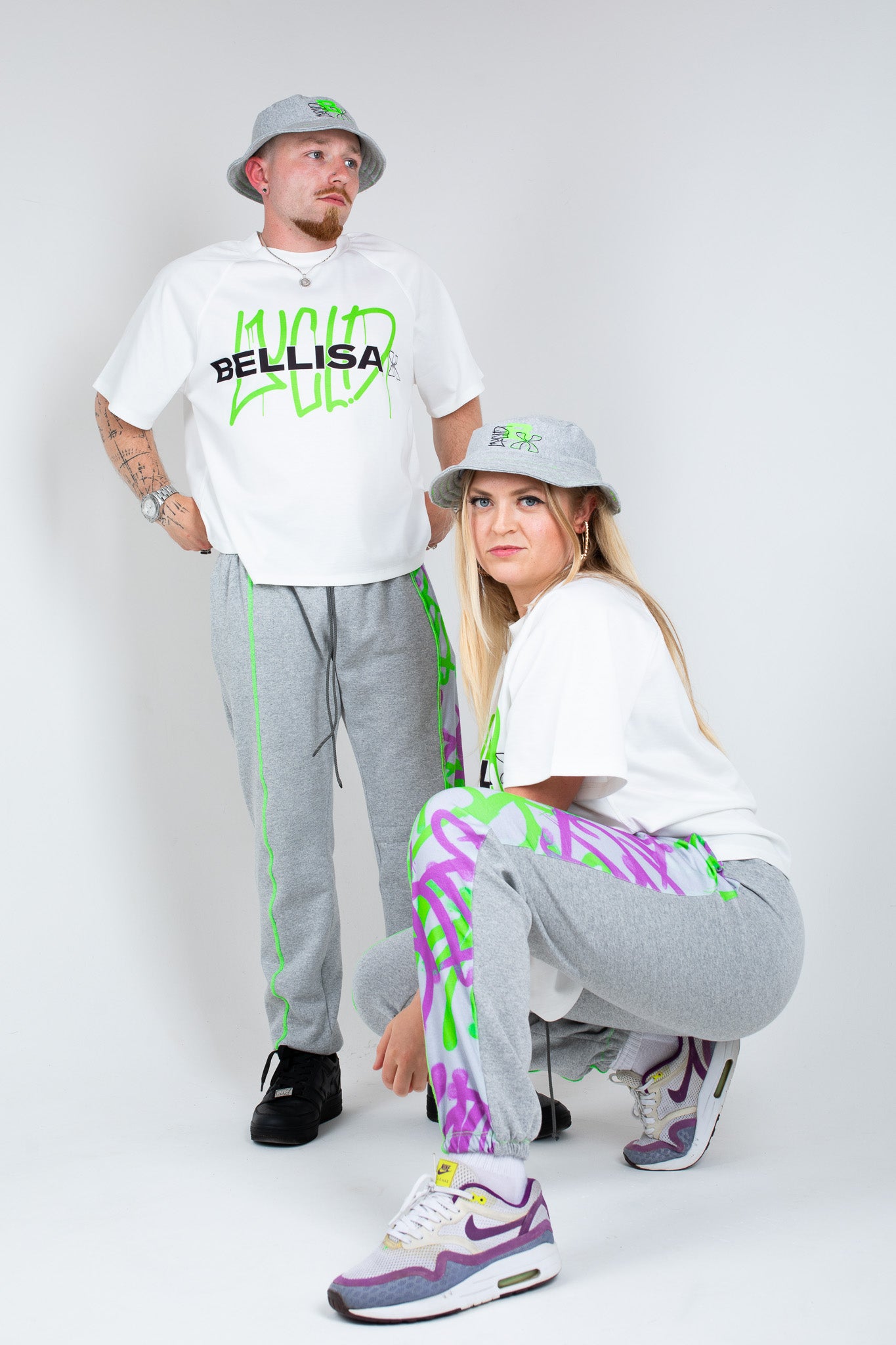 Bellisa X Lucid Independent Bristol Fashion Brand Summer Streetwear Style Festival Look Graffiti X Neon green contrast stitch grey joggers and matching Bucket Hat 2-Piece 