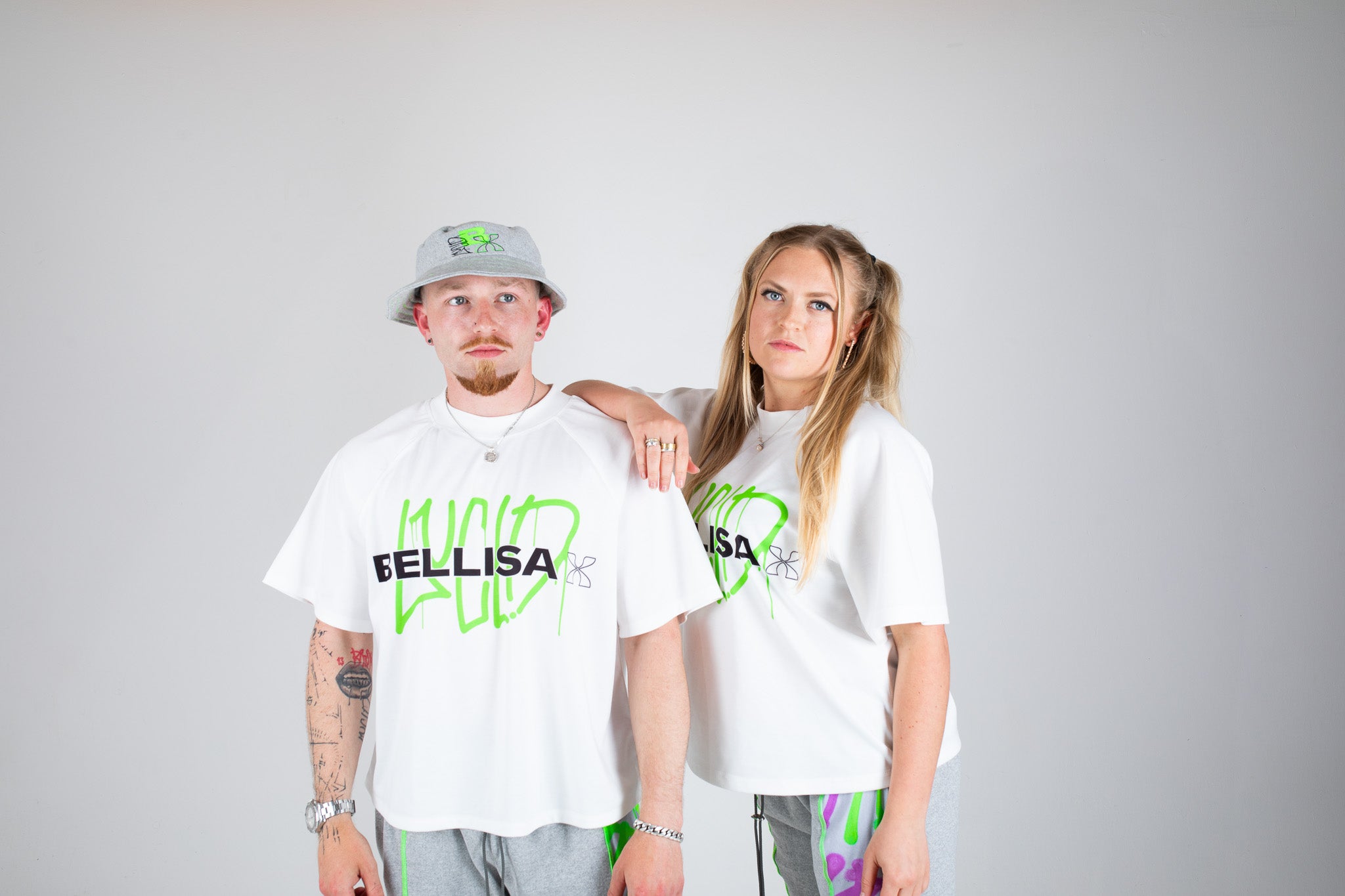 Bellisa X Lucid Independent Bristol Fashion Brand Summer Streetwear Style Festival Look Graffiti X Neon green contrast stitch grey joggers and matching Bucket Hat 2-Piece 