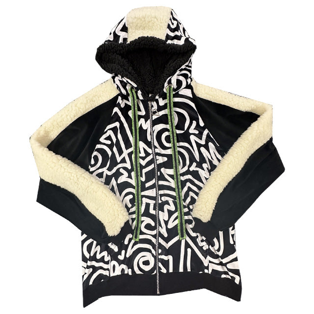 Cream Sherpa Fleece X Monochrome Abstract Print Zip Up Hoodie: NYFW24