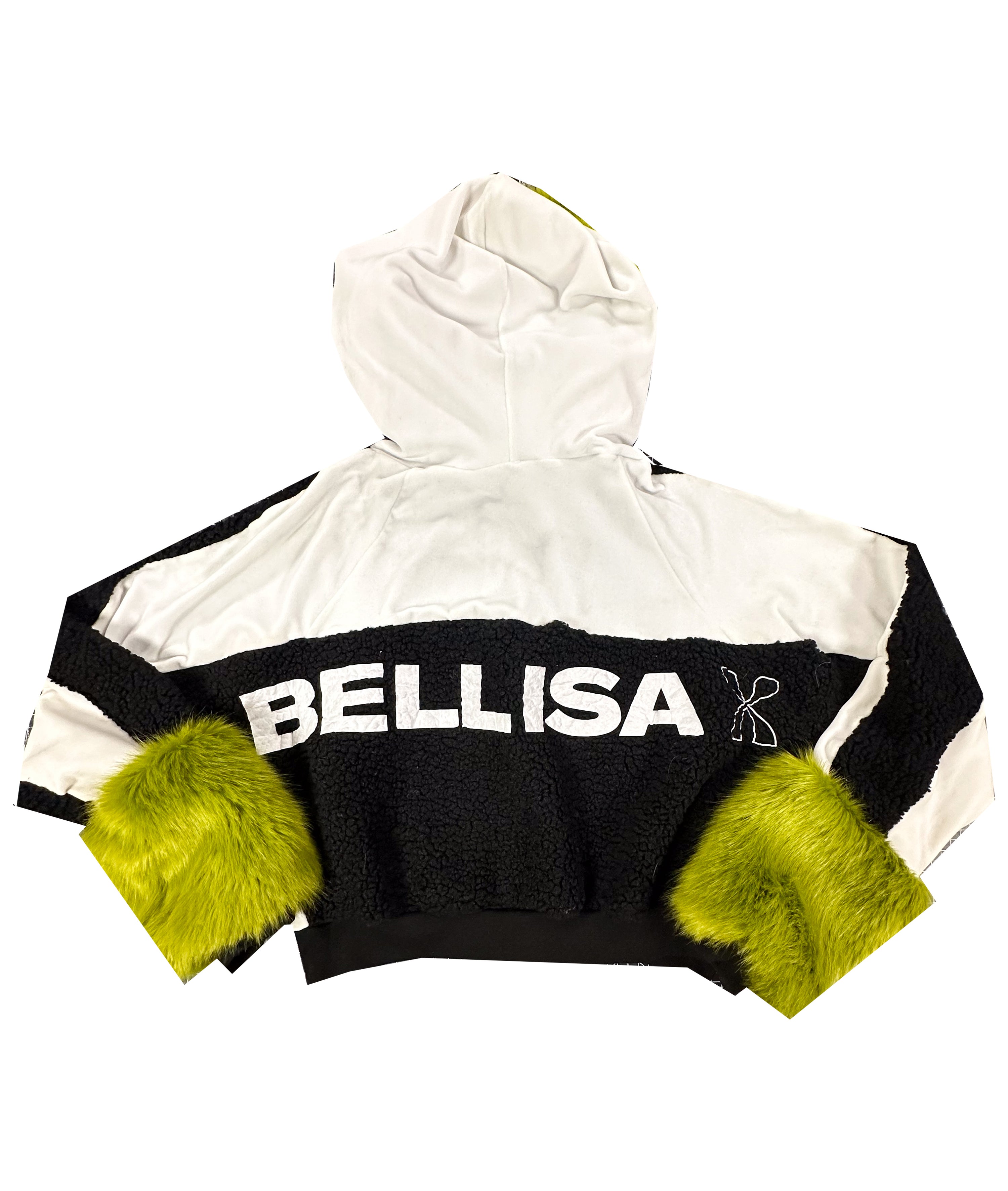 Bellisa X White and Black Velour Cropped Hoodie with Lime Green Faux Fur Cuffs and Hood. Unique summer fashion hoodie