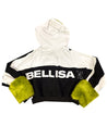 Bellisa X White and Black Velour Cropped Hoodie with Lime Green Faux Fur Cuffs and Hood. Unique summer fashion hoodie