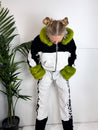 Luxury streetwear UK designer Bellisa X wears: Bellisa X White and Black Velour Cropped Hoodie with Lime Green Faux Fur Cuffs and Hood. Unique summer fashion hoodie