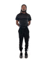 black velour tracksuit bottoms with holly mingo abstract print. Bellisa X Clothing dance performance lounge