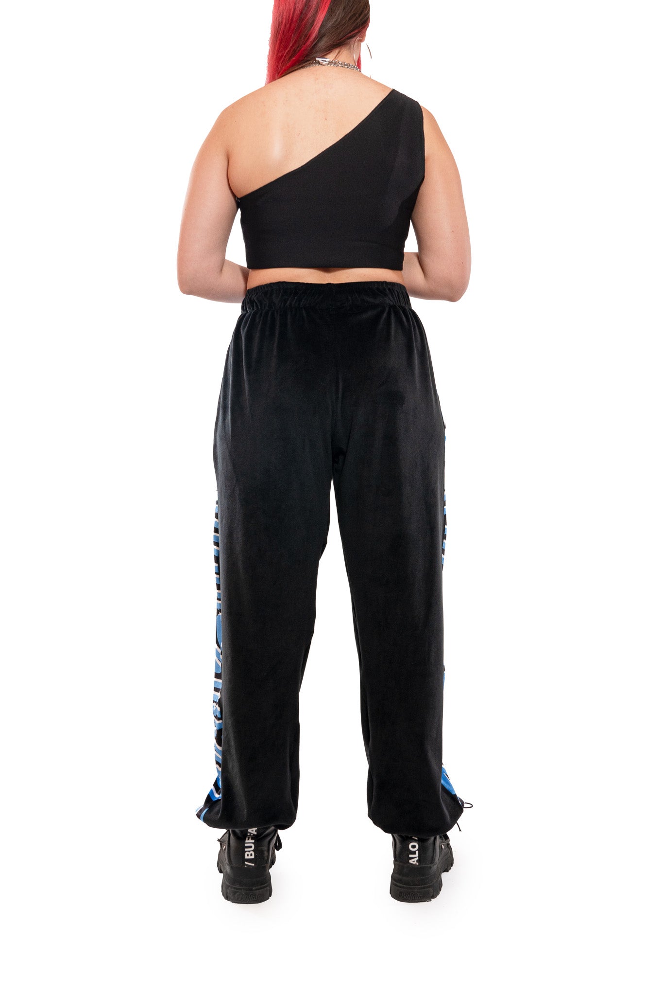 Bellisa X Holly Mingo Black and Blue Absract Print Velour Tracksuit Bottoms. Perfect Dance Trousers, Festivals Trousers, Casual Joggers and Lounge Pants.  back