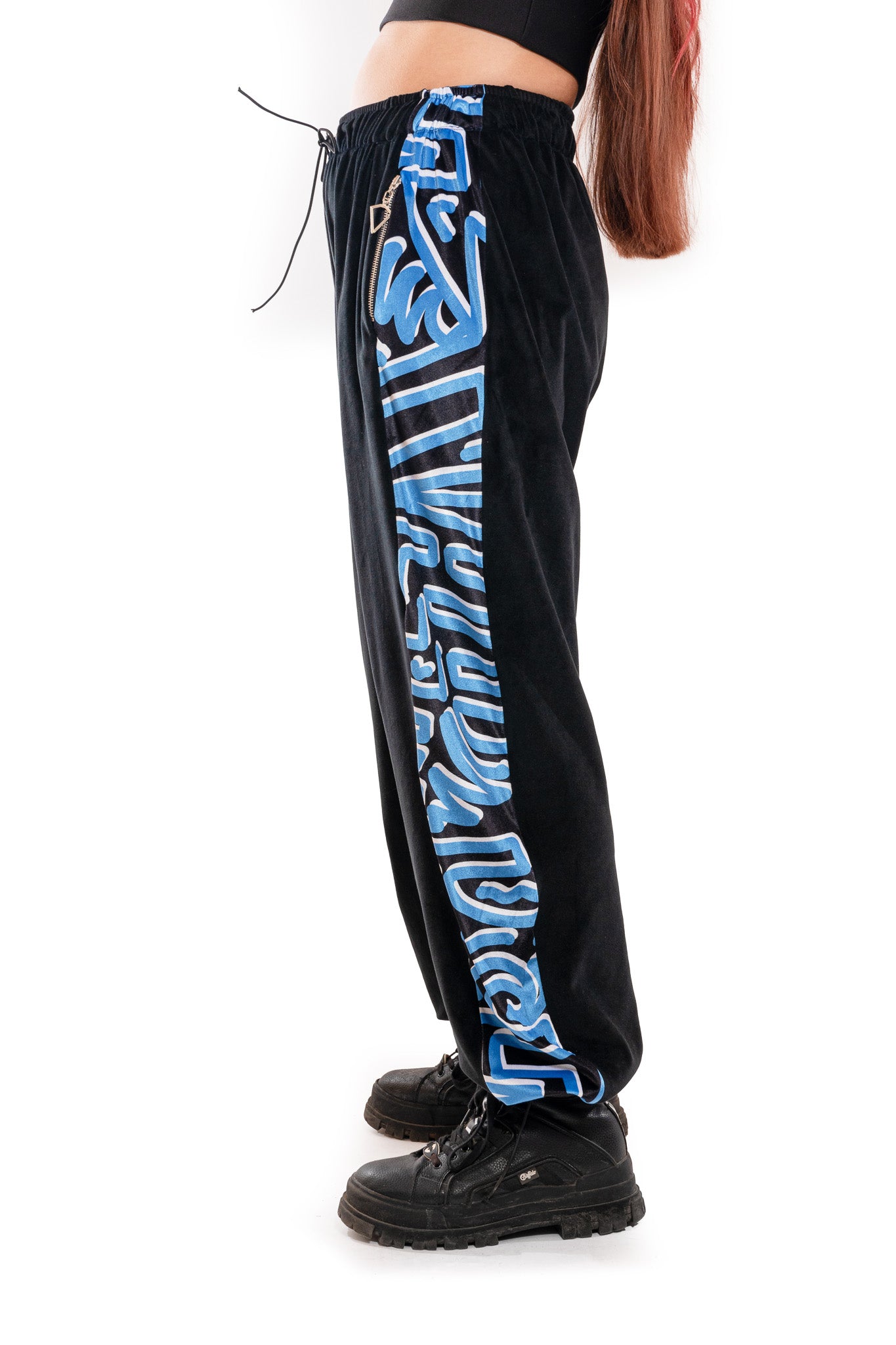 Bellisa X Holly Mingo Black and Blue Absract Print Velour Tracksuit Bottoms. Perfect Dance Trousers, Festivals Trousers, Casual Joggers and Lounge Pants. 