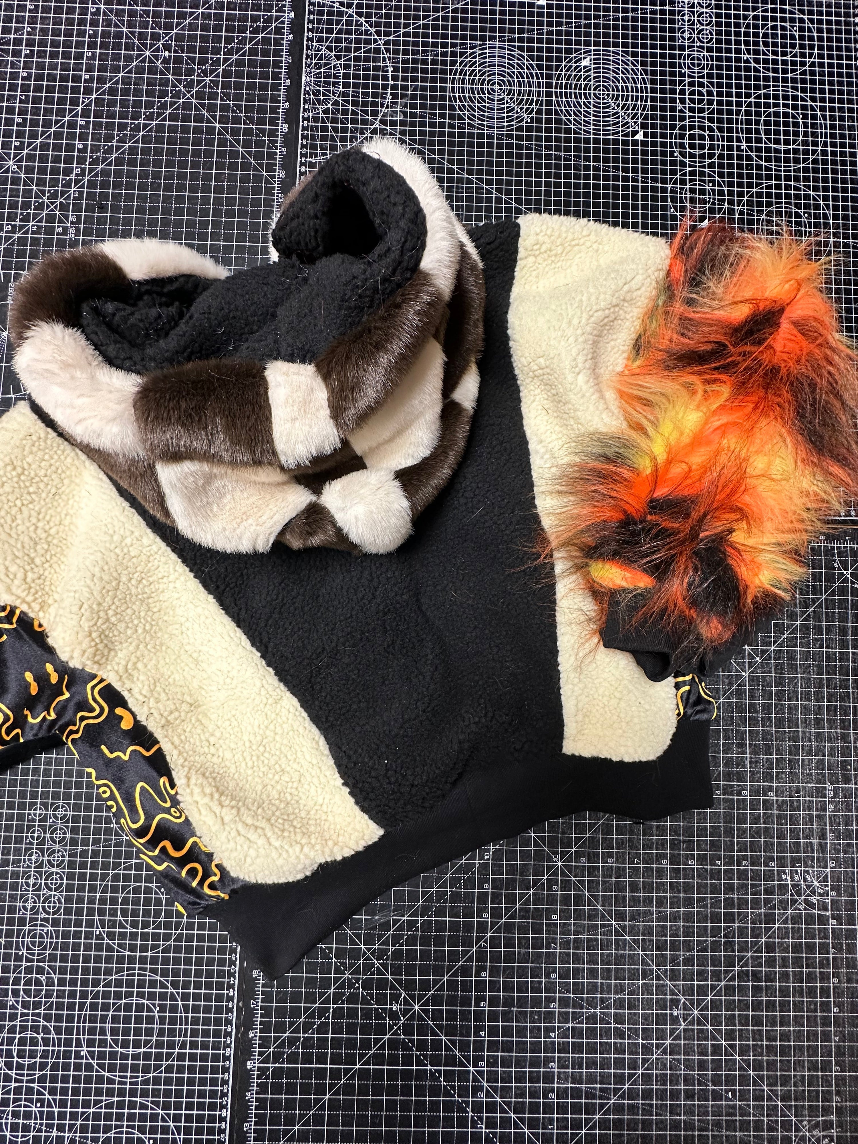 Chequered X Orange Fire Faux Fur Jacket  (L/XL)