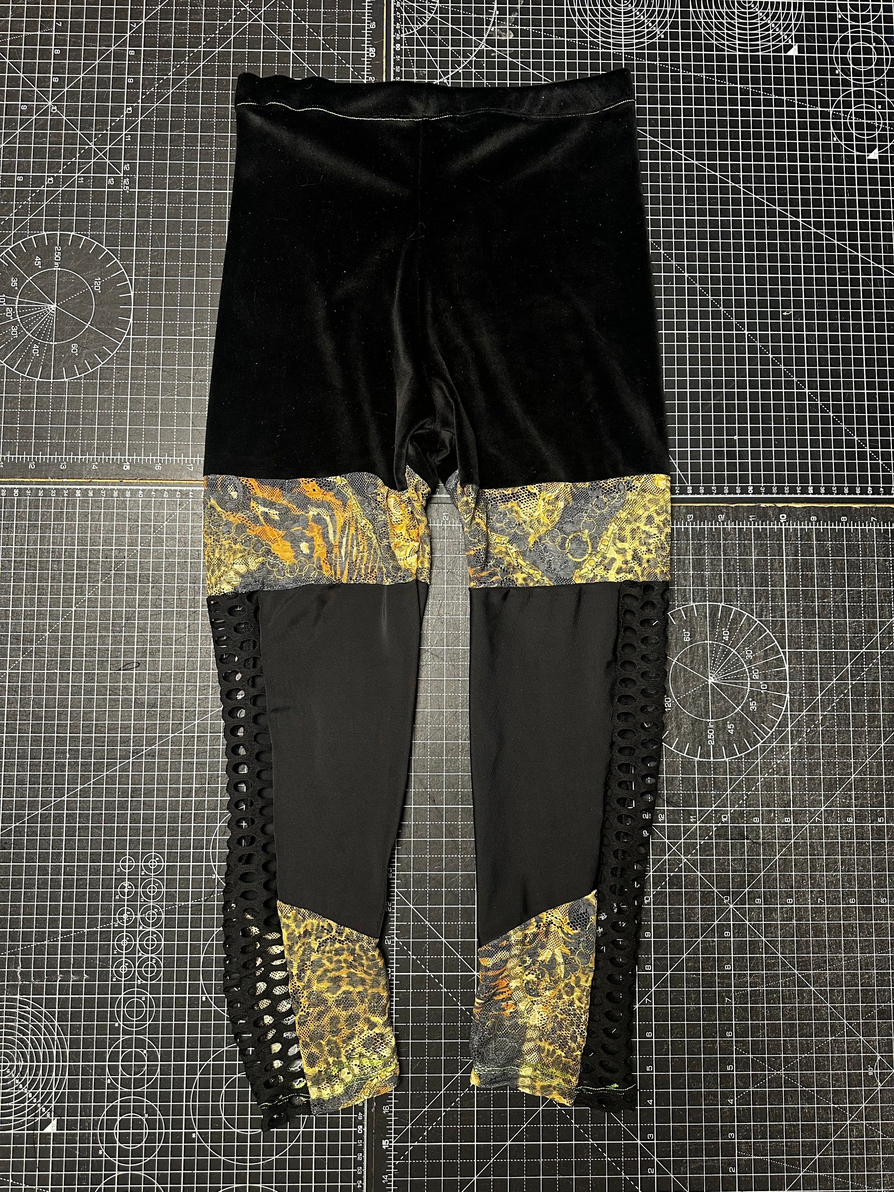 Black Velour X Leopard Lace Panelled Leggings (L)