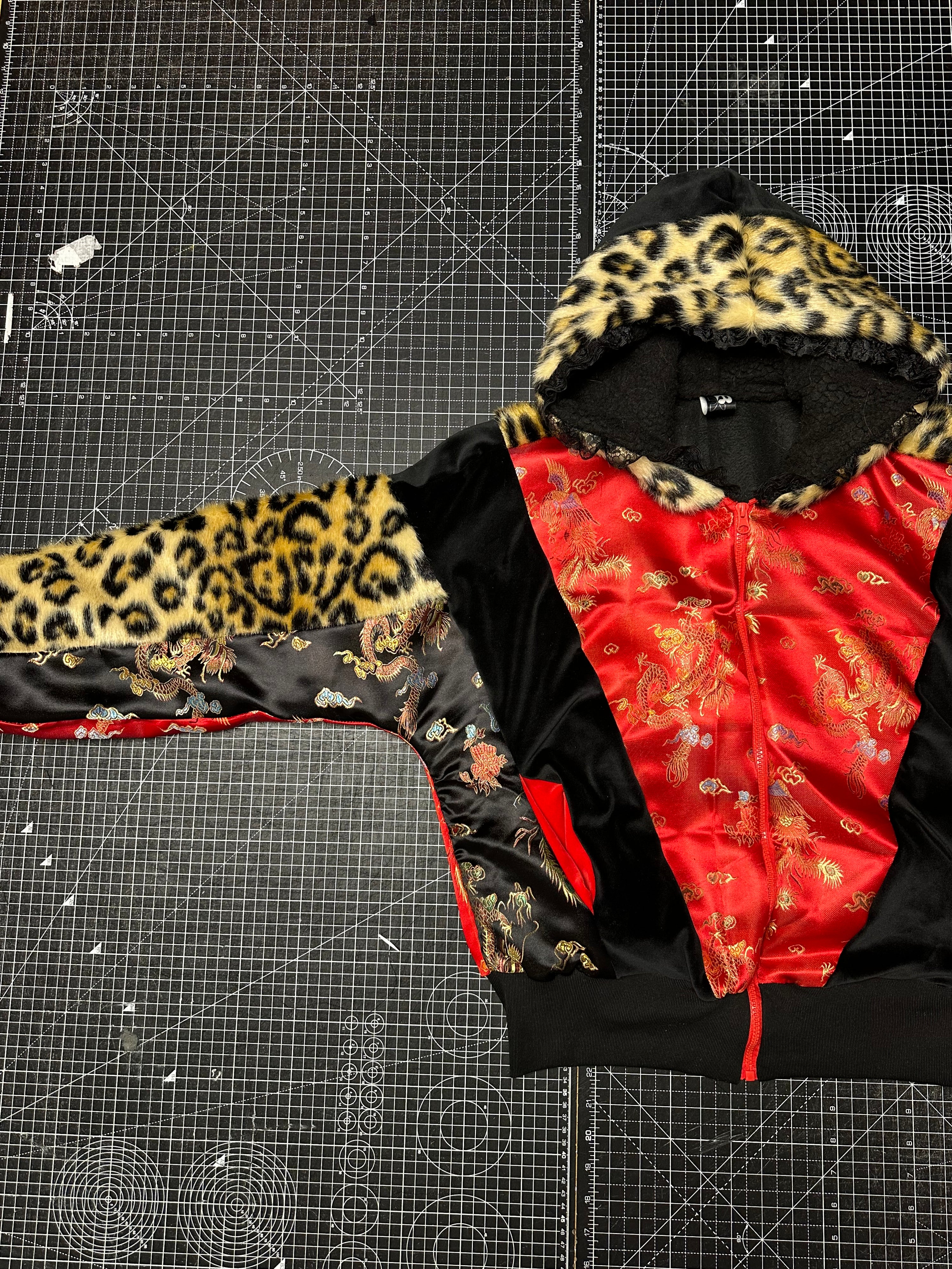 Red Dragon Satin X Leopard Faux fur Tracksuit Jacket (M/L)