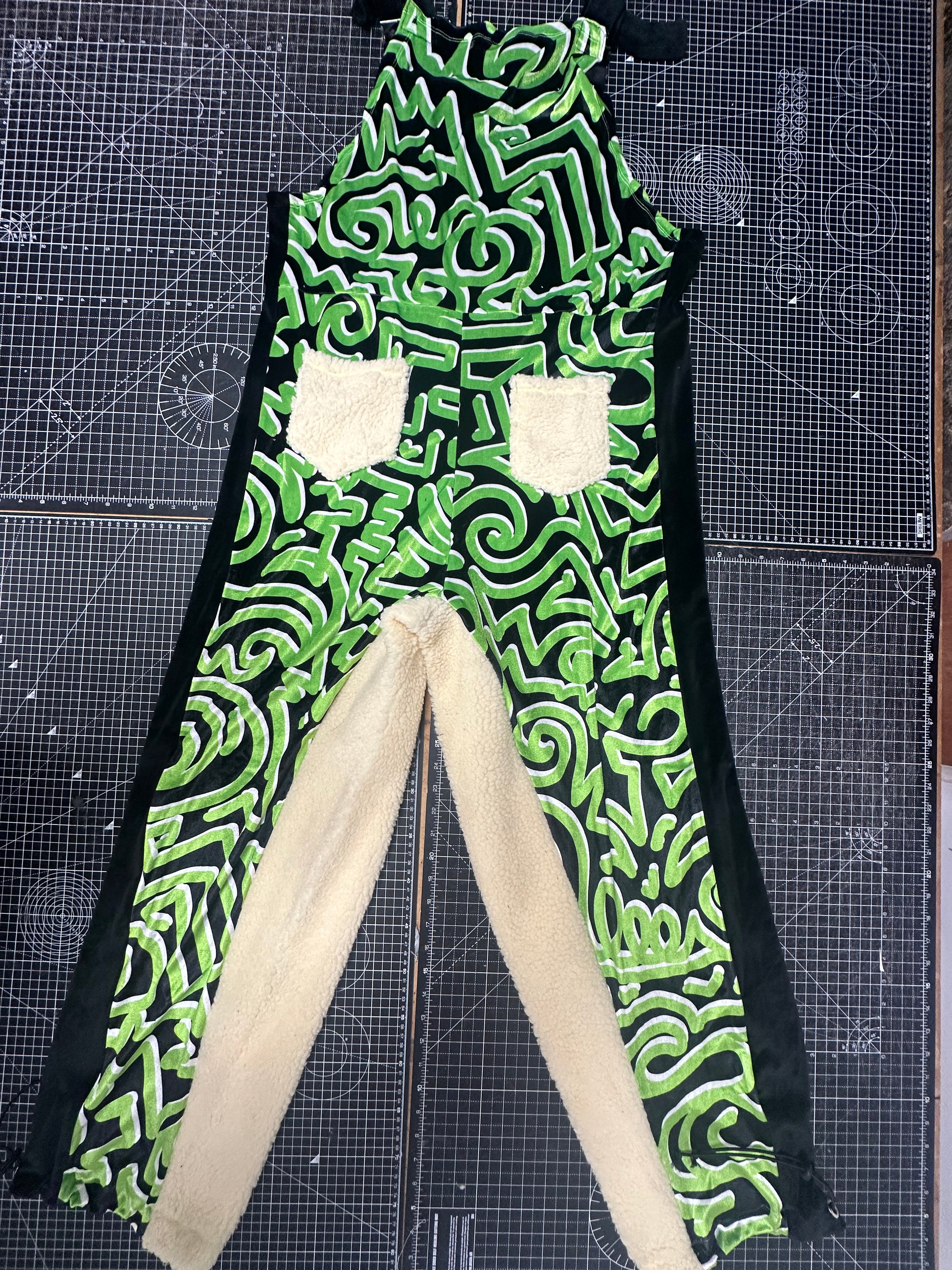 Bellisa X Holly Mingo Abstract Print Green Sherpa Fleece Dungarees (L)