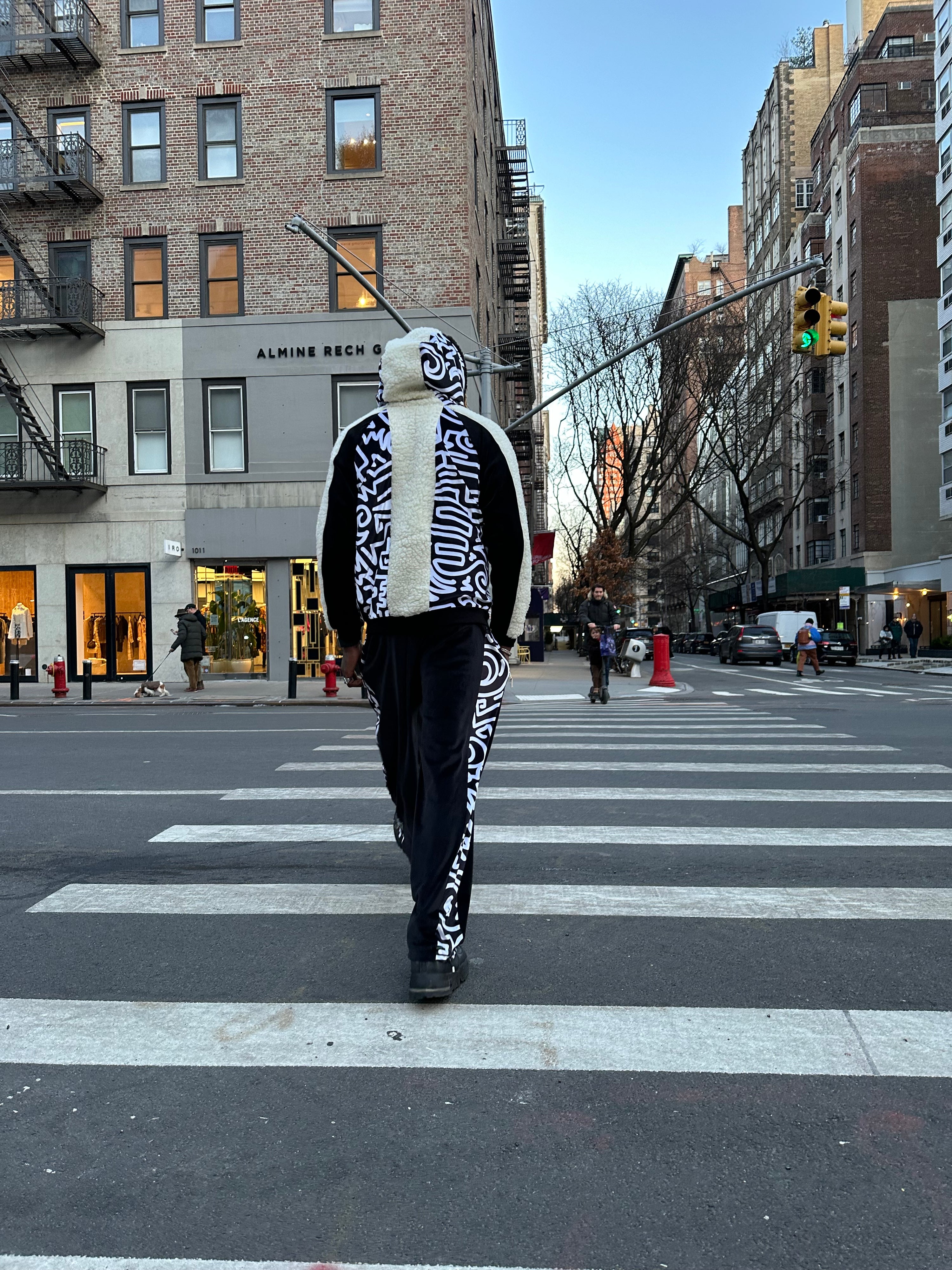 Black Velour X Monochrome Abstract Print Wide Leg Tracksuit Bottoms: NYFW24