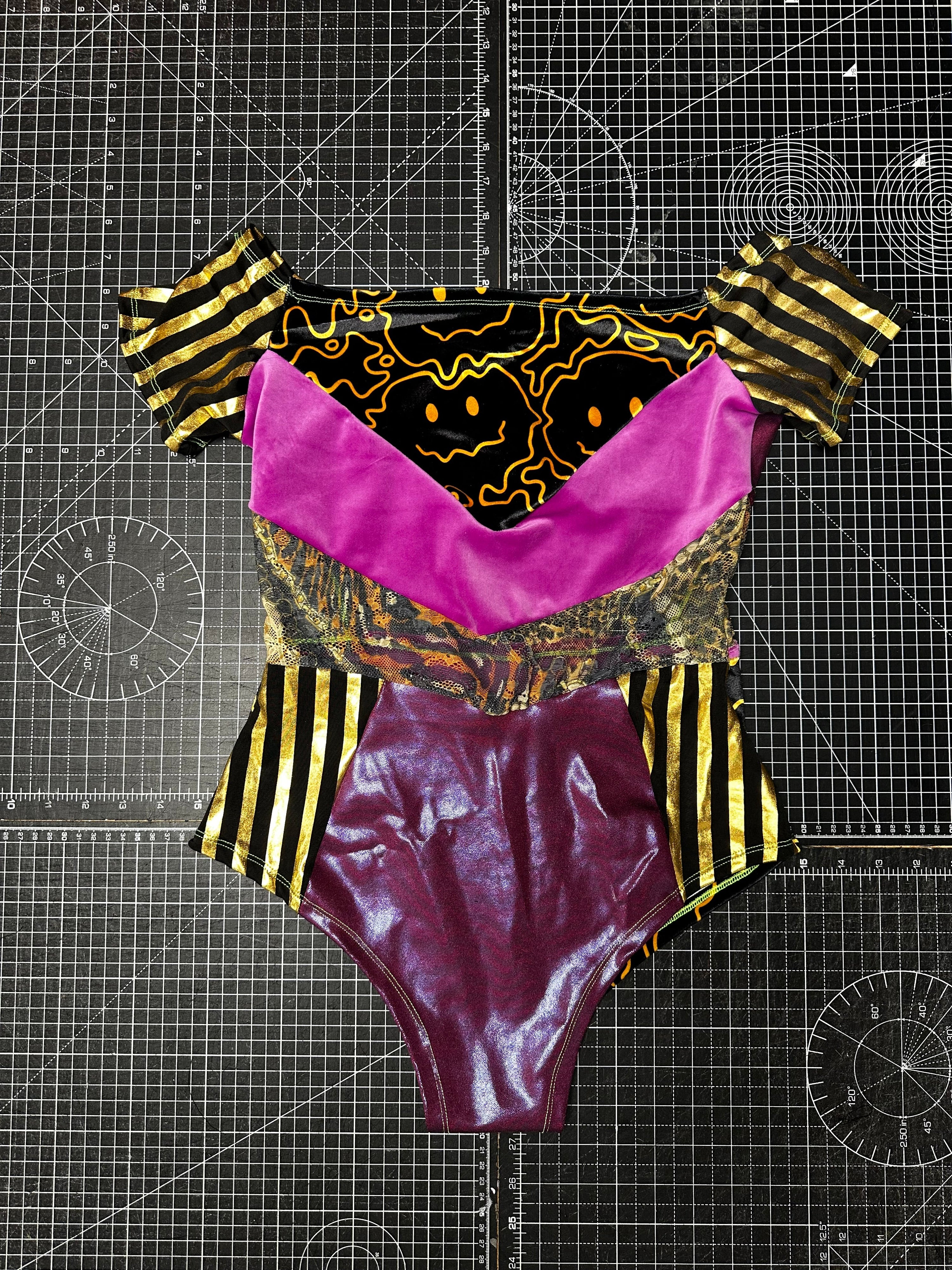 Yellow Smiley X Holographic Purple Bardot Bodysuit (M)