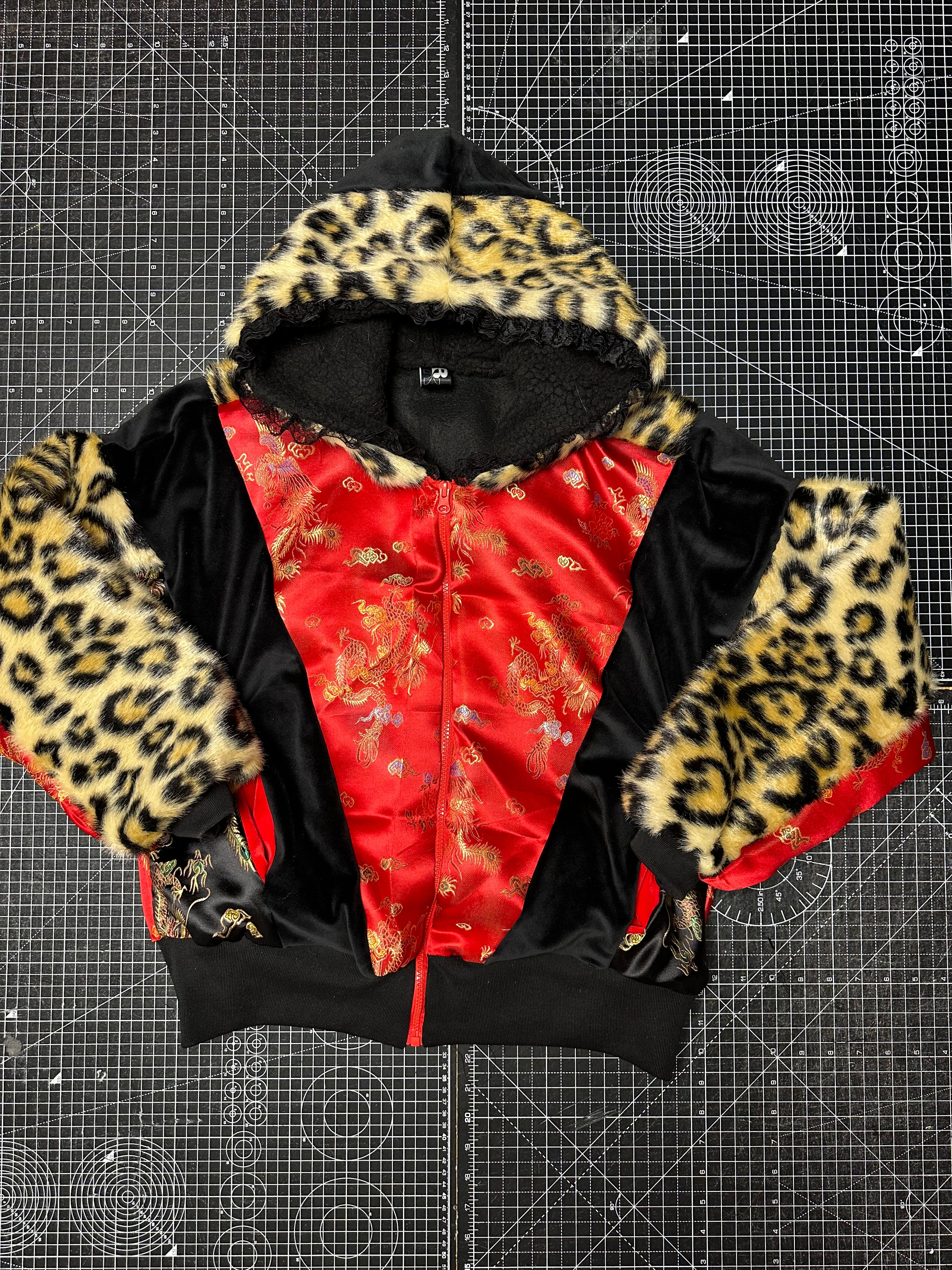 Red Dragon Satin X Leopard Faux fur Tracksuit Jacket (M/L)