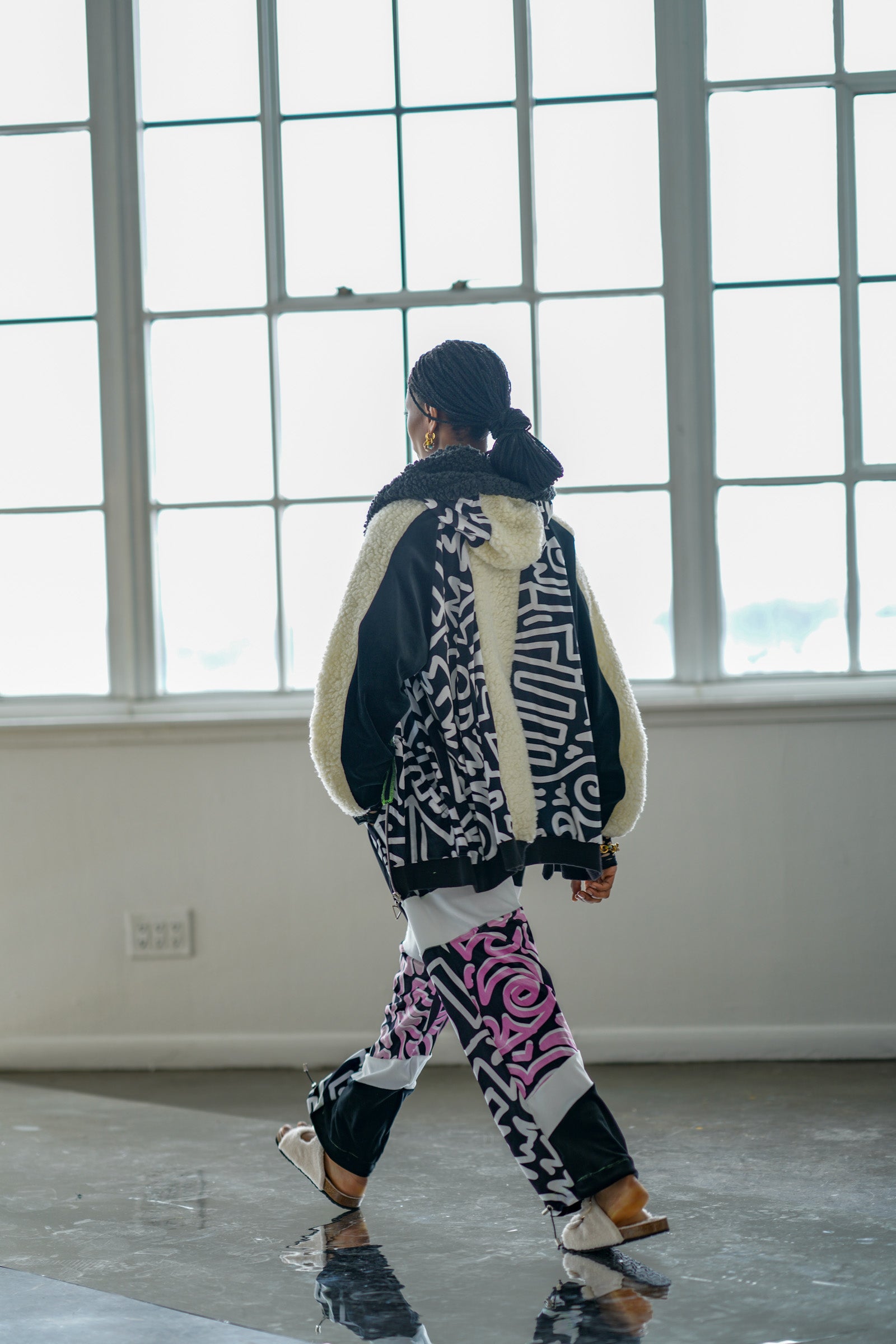 Cream Sherpa Fleece X Monochrome Abstract Print Zip Up Hoodie: NYFW24