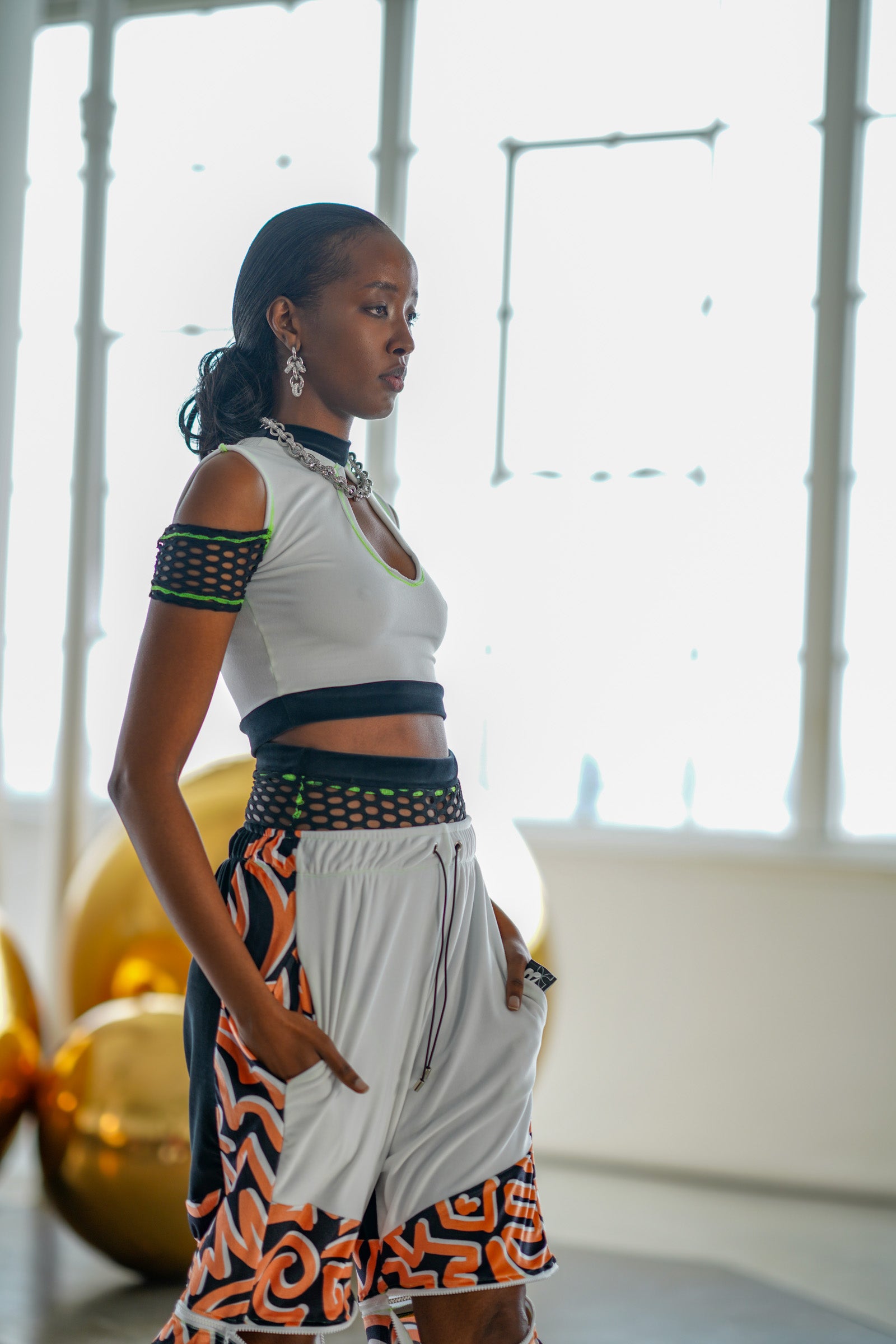 White Velour X Fishnet Cut Out Crop Top NYFW