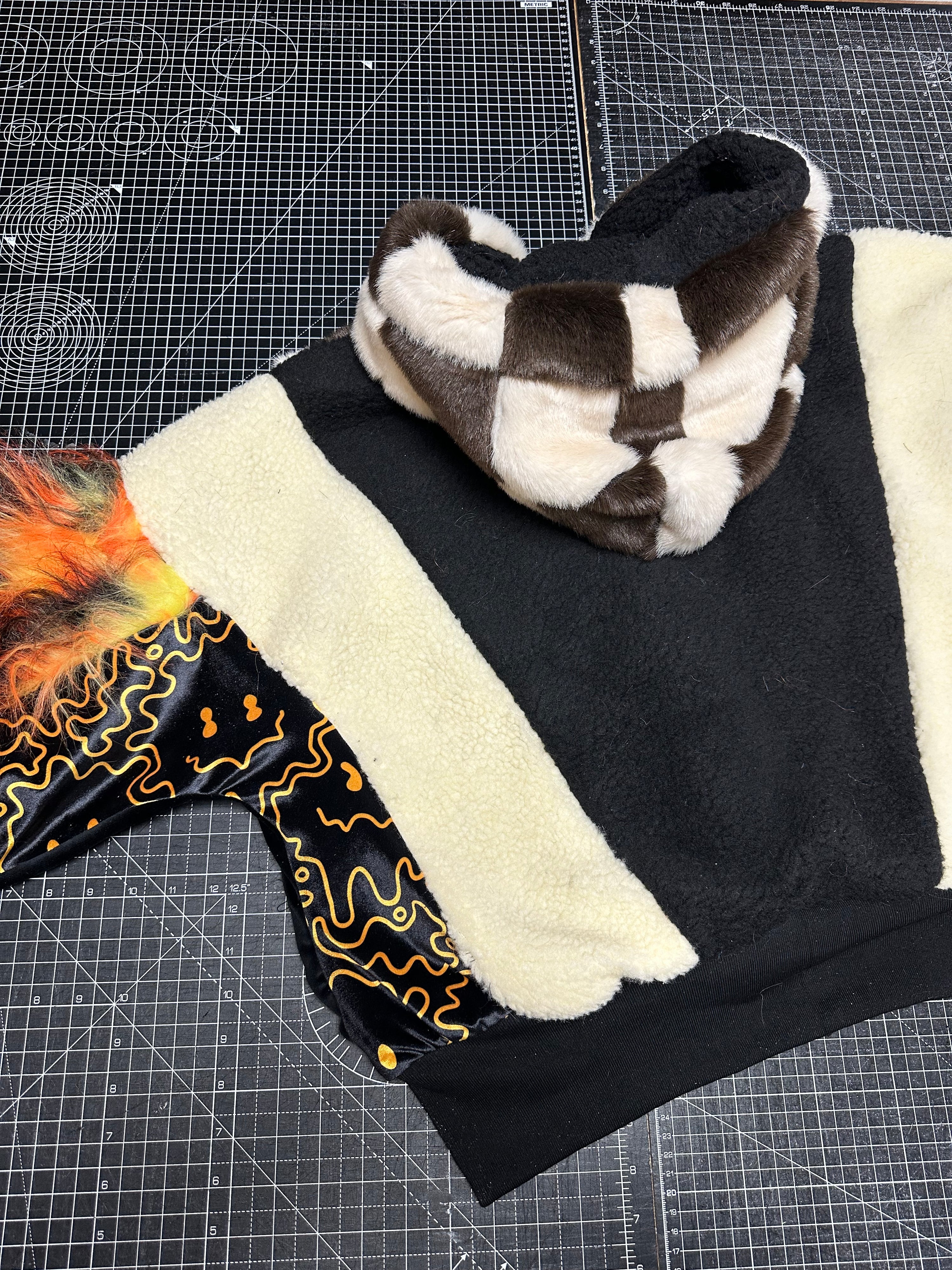 Chequered X Orange Fire Faux Fur Jacket  (L/XL)