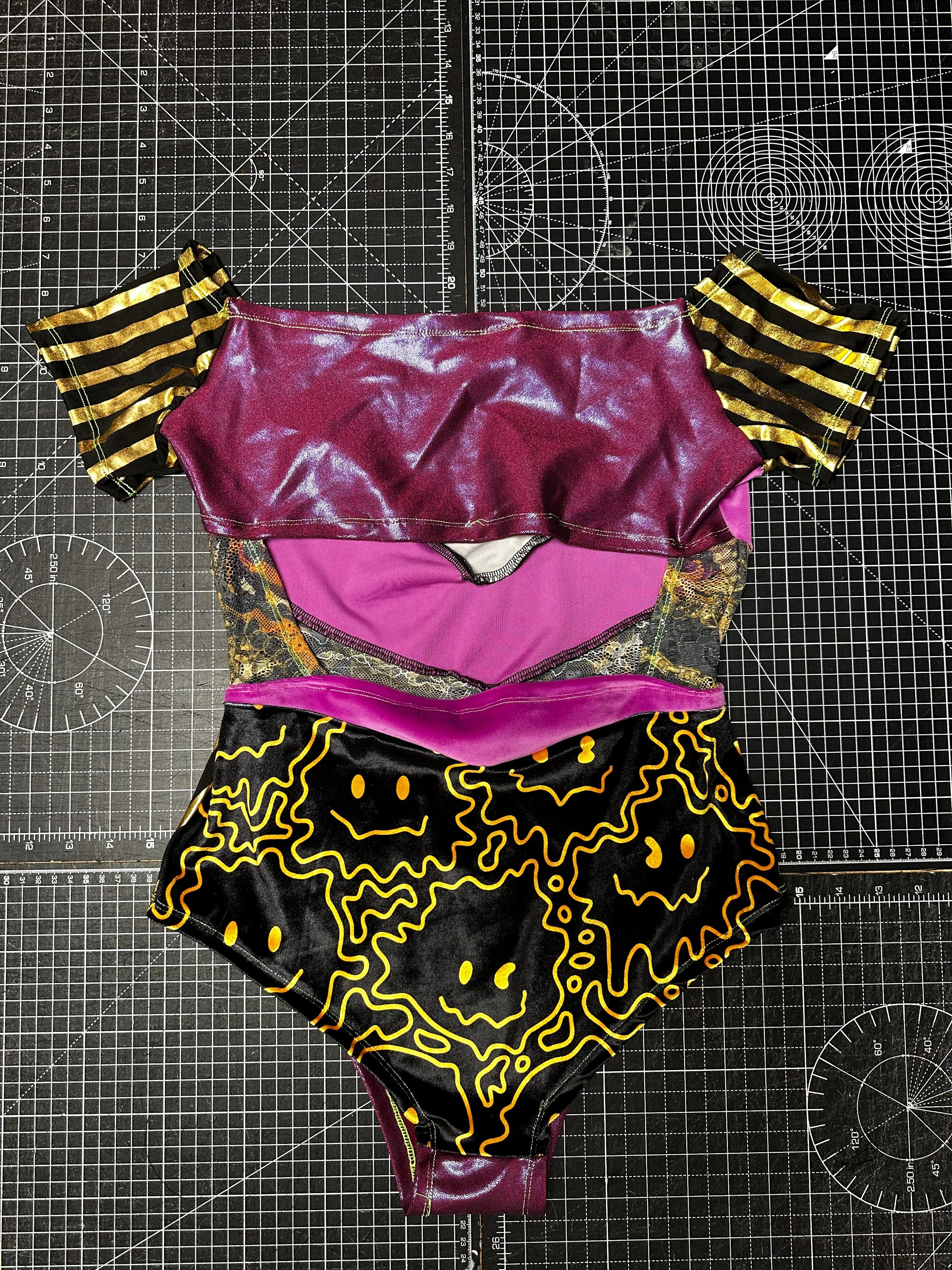 Yellow Smiley X Holographic Purple Bardot Bodysuit (M)