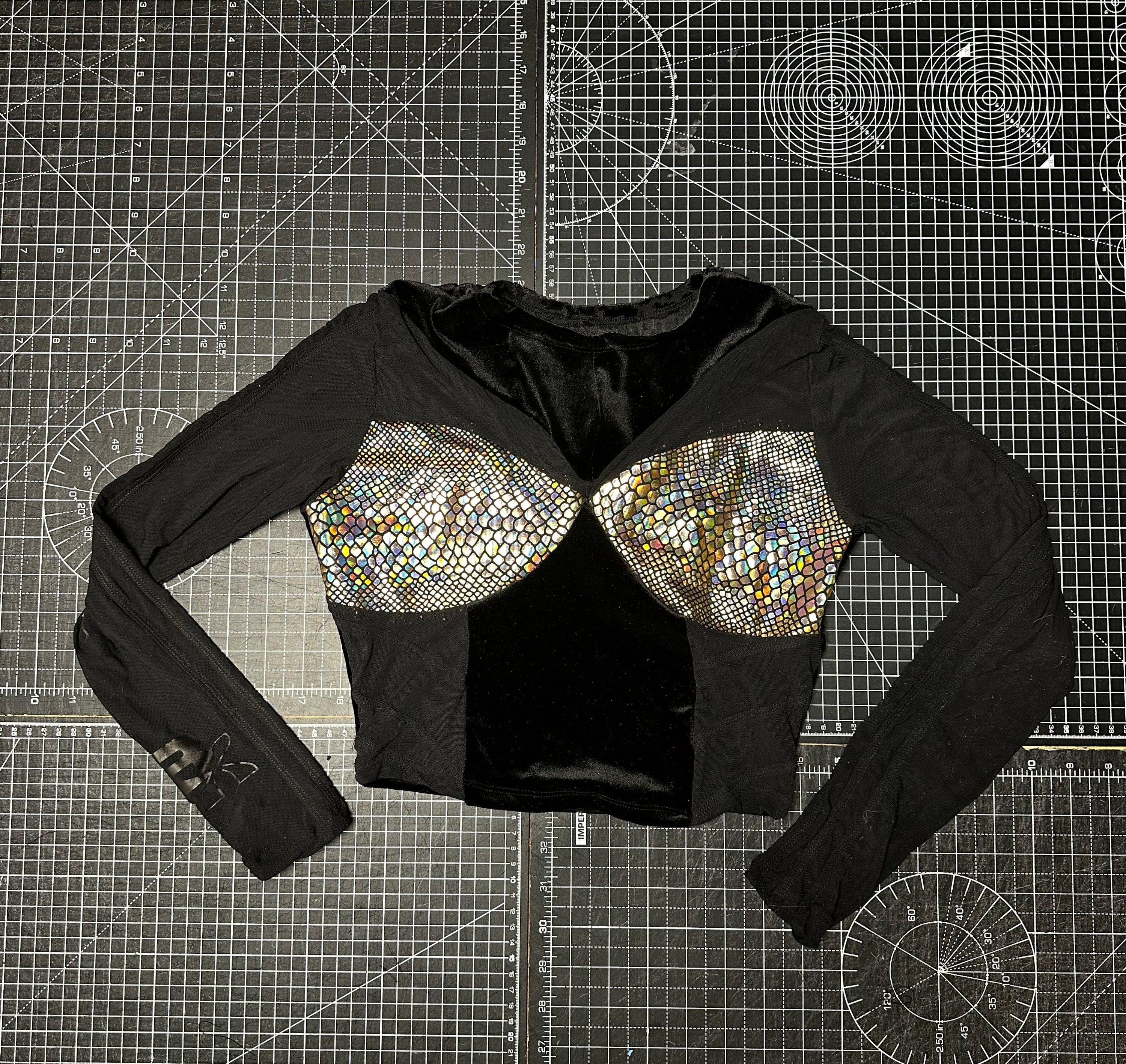 Holographic Gold X Black Mesh Panelled Long-Sleeve Top (S)