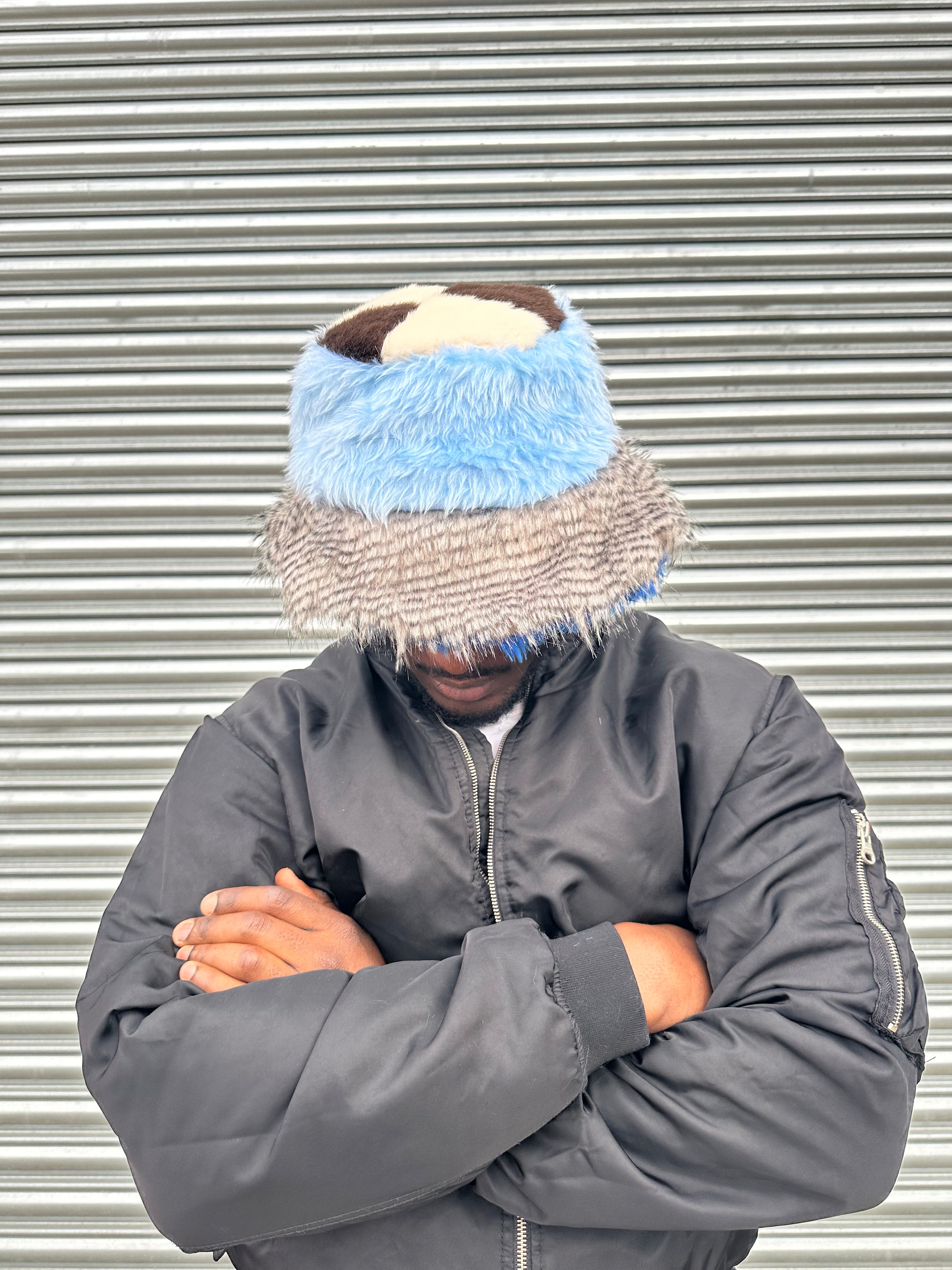 #6 Blue X Peacock Grey Patchwork Faux Fur Hat