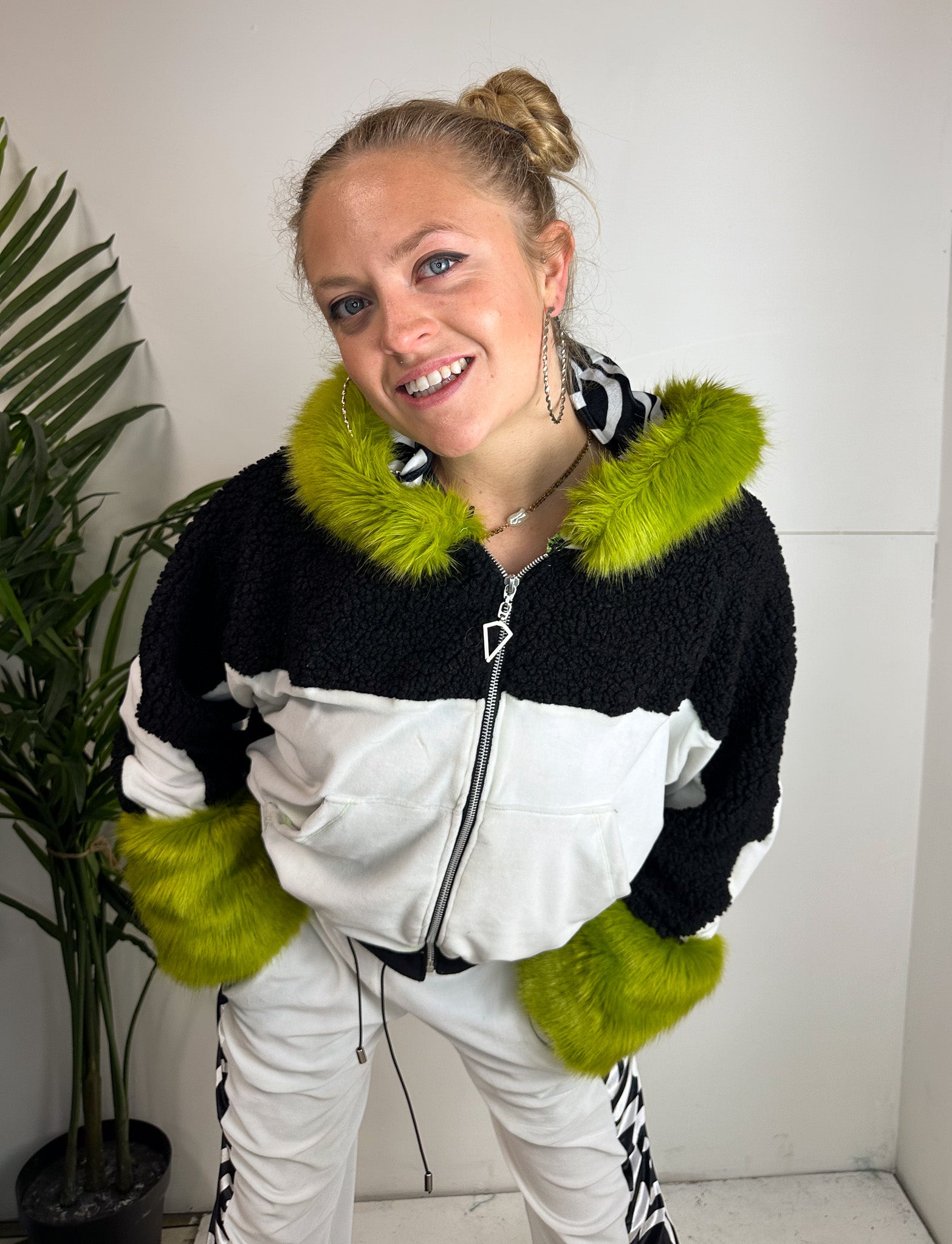 creatives of Bristol: independent fashion brand designer Bellisa x models: Bellisa X White and Black Velour Cropped Hoodie with Lime Green Faux Fur Cuffs and Hood. Unique summer fashion hoodie
