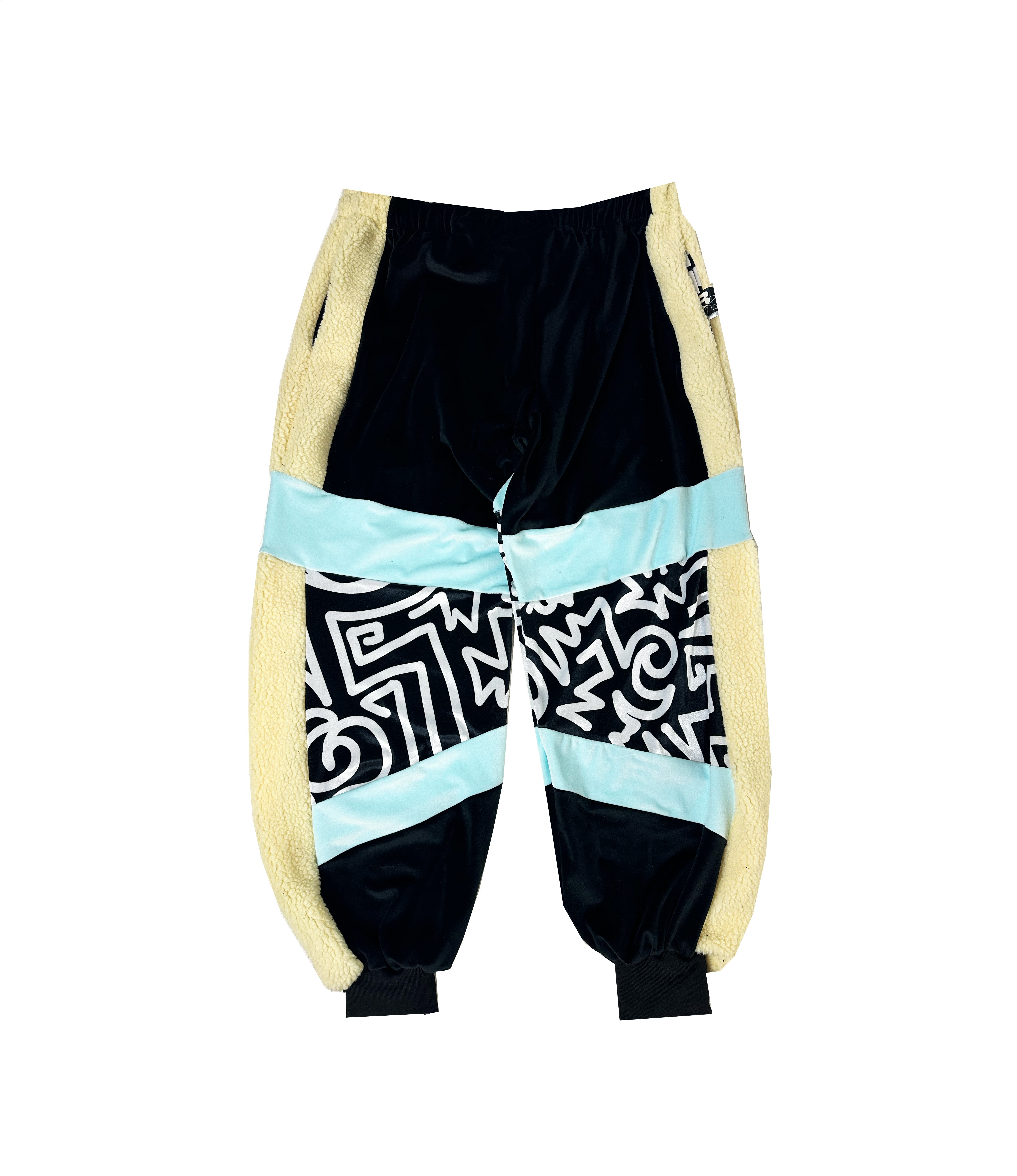 blue black and white panelled velour tracksuit bottoms