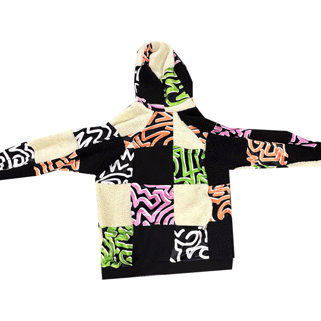 Sherpa Fleece X Abstract Velvet Patchwork Hoodie: NYFW 24